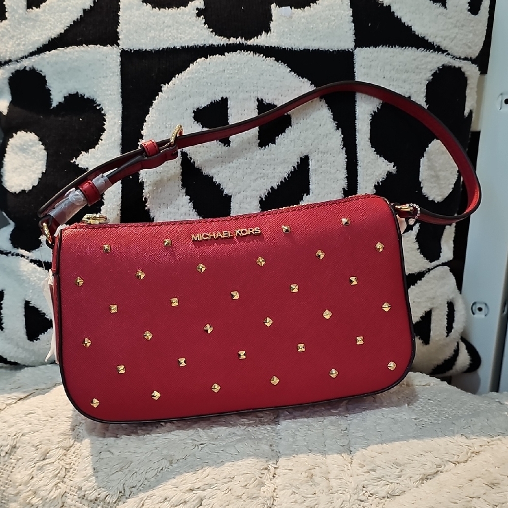 Michael Kors Red and Gold Studded Shoulder Bag